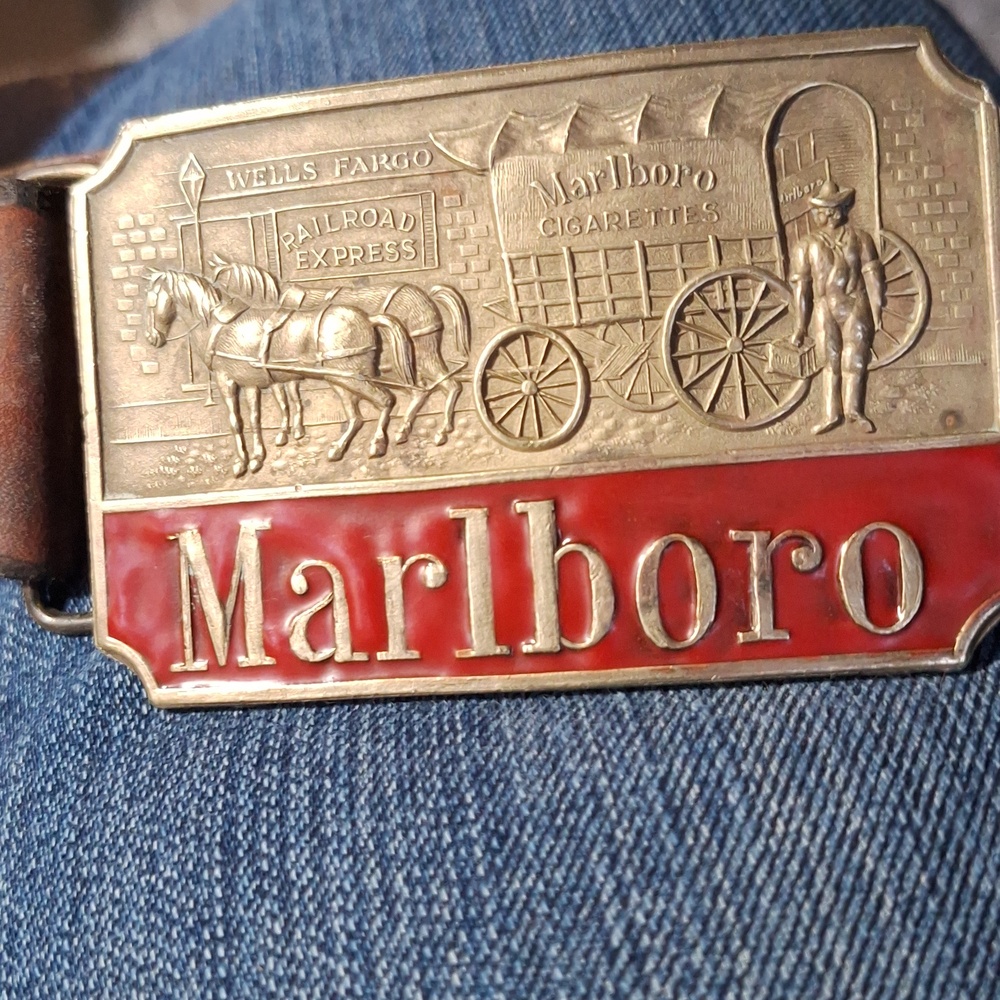 Marlboro Vintage Red and SOLID BRASS Belt Buckle On A Brown Leather Belt